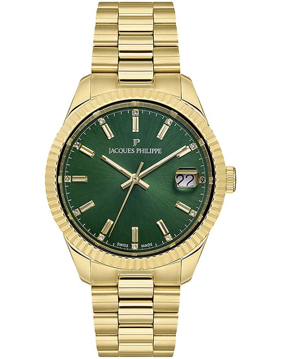 Jacques Philippe Jacques Philippe Solis JPQLS2423X4  JPQLS2423X4 кварцевые женские часы зеленый циферблат, браслет нержавеющая сталь с ip-покрытием — вид спереди