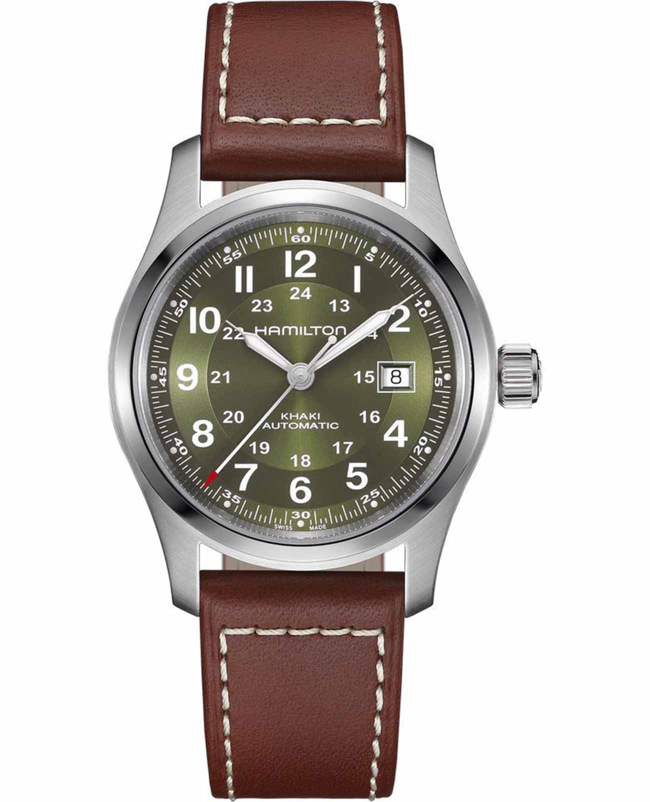 Hamilton Hamilton Khaki Field Auto H70605560  H70605560 механические мужские часы зеленый циферблат, браслет кожаный — вид спереди