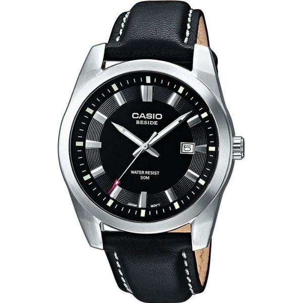 Casio Casio Collection BEM-116L-1A  BEM-116L-1A кварцевые мужские часы черный циферблат, браслет кожа + текстиль — вид спереди