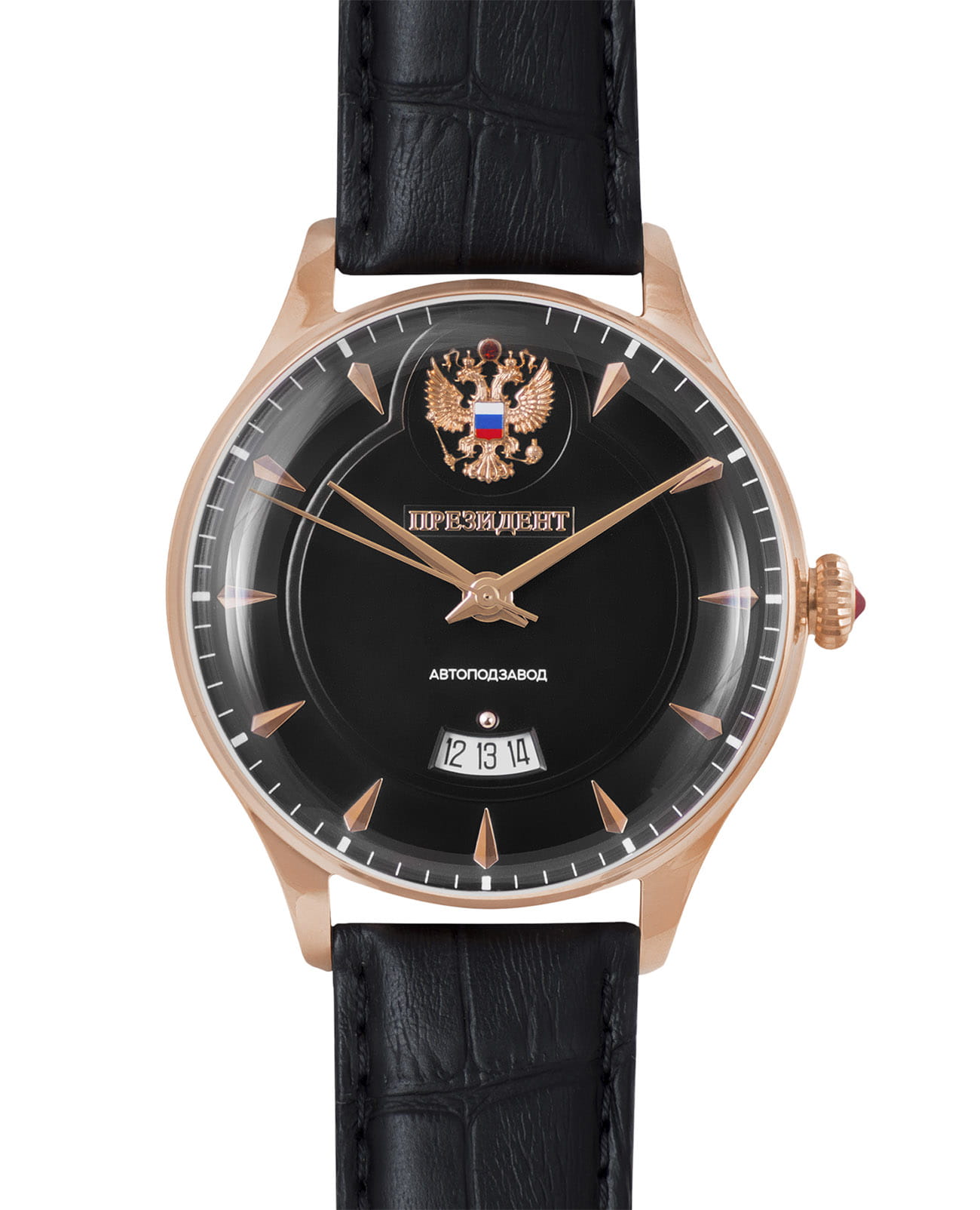 Президент Президент 6459045  6459045 механические мужские часы черный циферблат, браслет кожаный — вид спереди