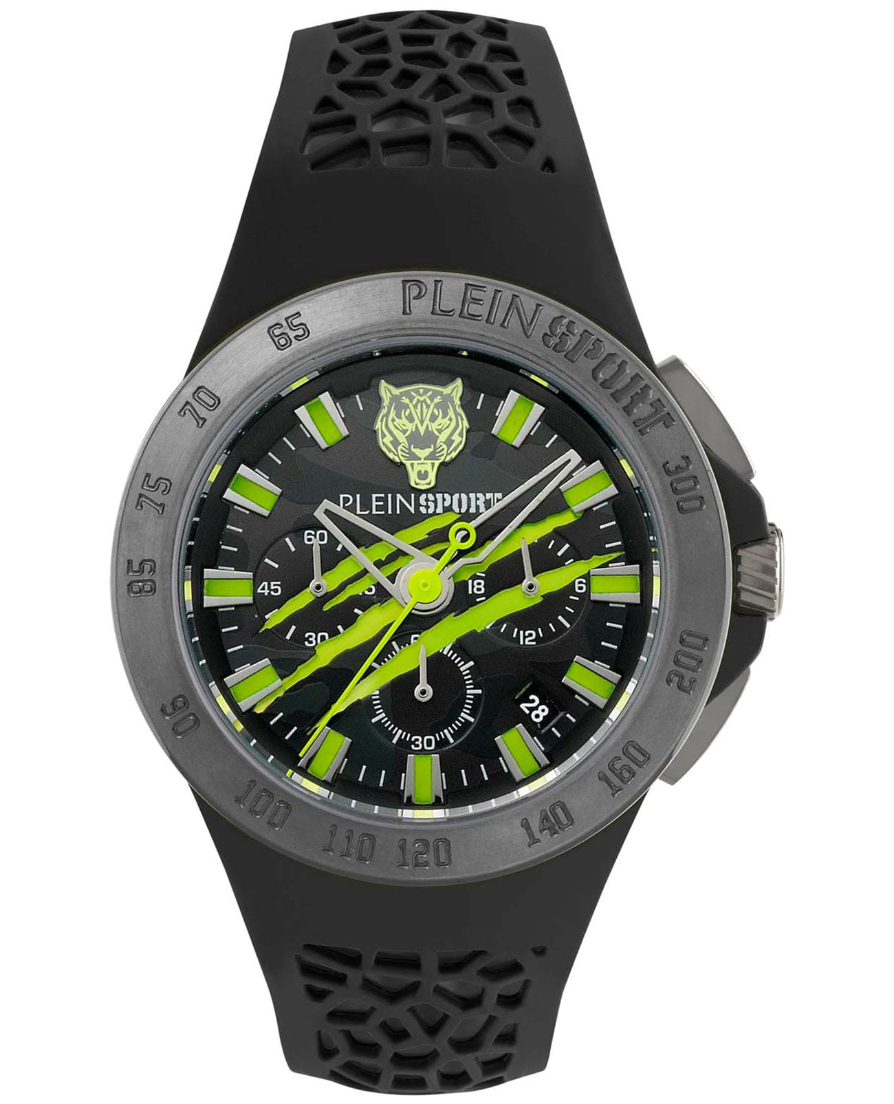 Plein Sport Plein Sport Thunderstorn Chrono PSABA0623  PSABA0623 кварцевые мужские часы черный циферблат, браслет силикон — вид спереди