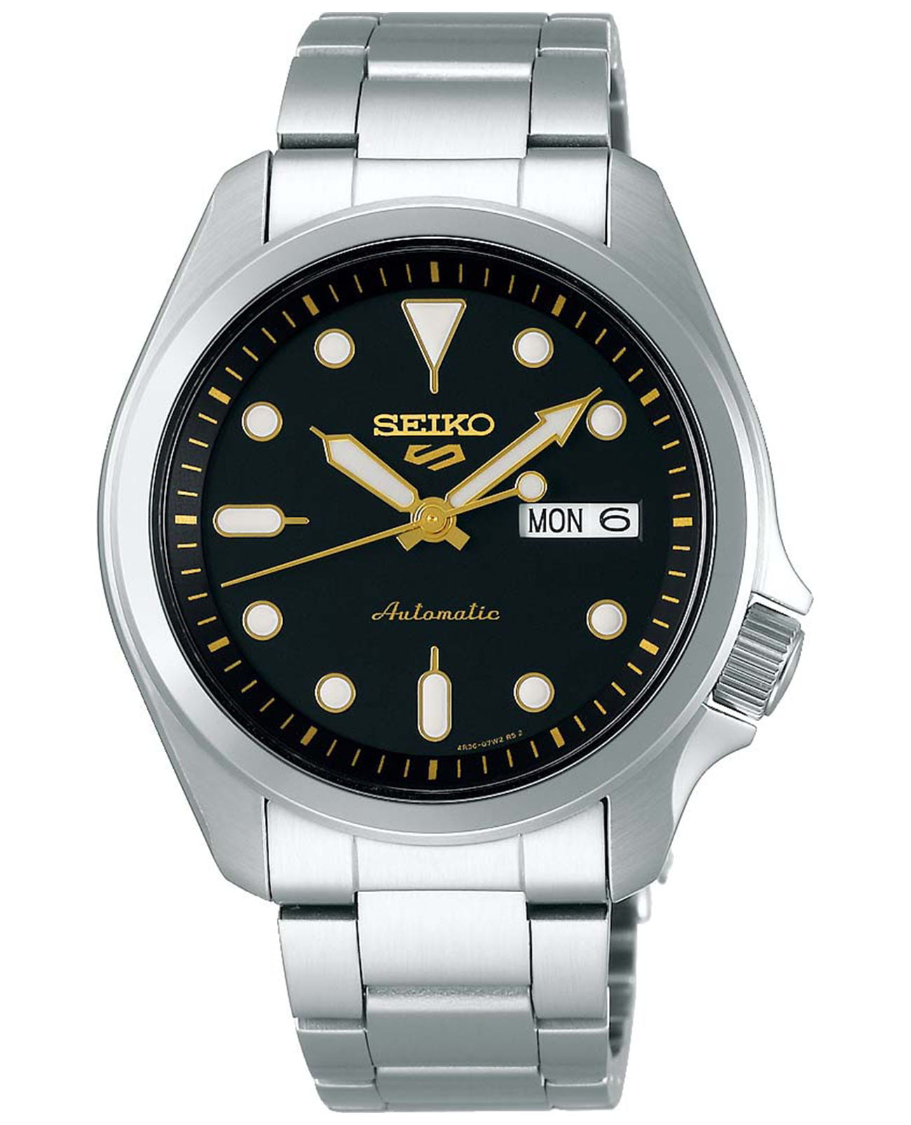 Seiko Seiko 5 Sports SRPE57K1S  SRPE57K1 механические мужские часы черный циферблат, браслет нержавеющая сталь — вид спереди
