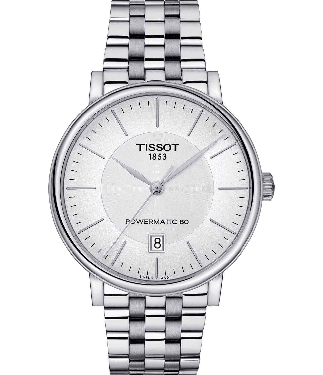 Tissot Tissot Carson Powermatic 80 T122.407.11.031.00 Carson T1224071103100 механические мужские часы белый циферблат, браслет нержавеющая сталь — вид спереди