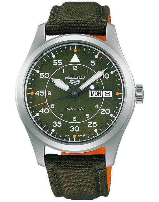 Seiko Seiko 5 Sports SRPH29K1  SRPH29K1 механические мужские часы зеленый циферблат, браслет кожа + нейлон — вид спереди