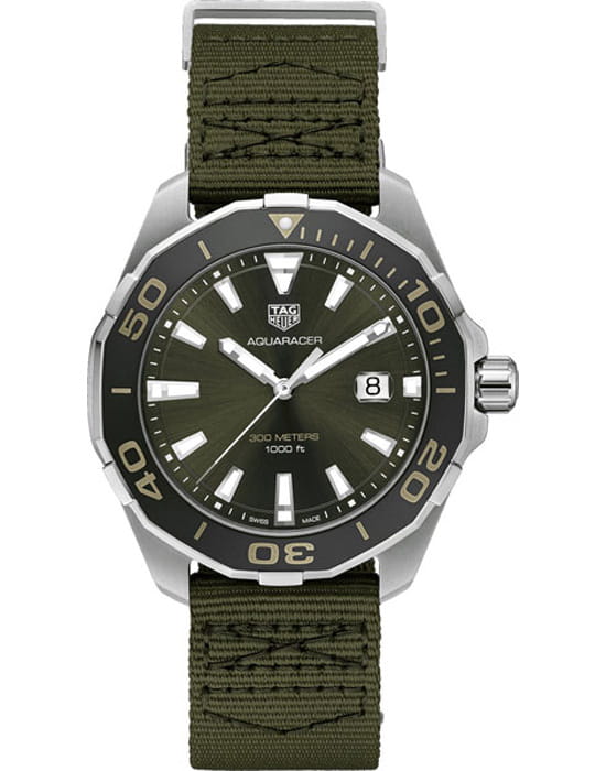 TAG Heuer TAG Heuer Aquaracer WAY101E.FC8222  WAY101E.FC8222 кварцевые мужские часы зеленый циферблат, браслет тканевый — вид спереди