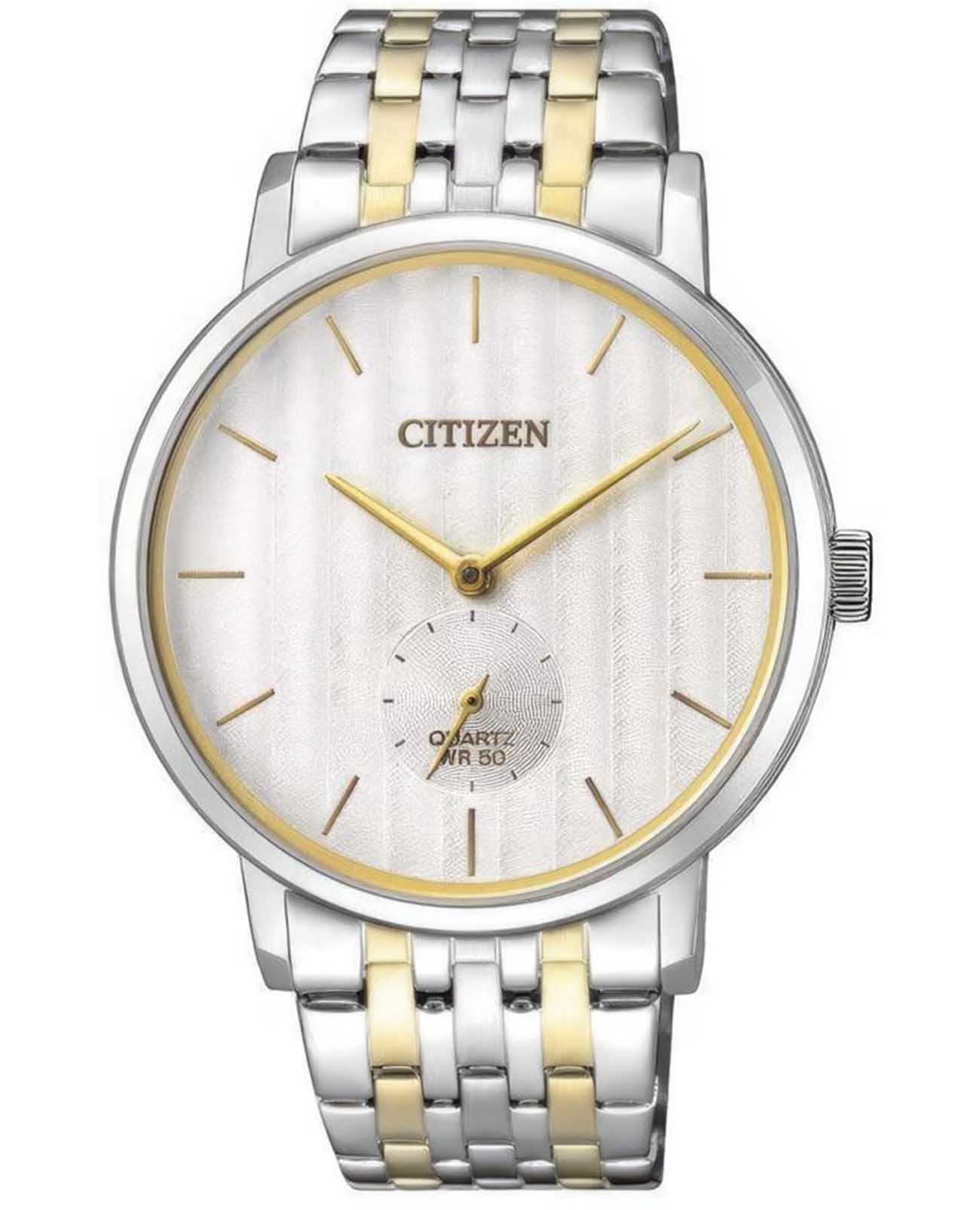 Citizen Citizen Basic BE9174-55A  BE9174-55A кварцевые мужские часы белый циферблат, браслет нержавеющая сталь с pvd-покрытием — вид спереди