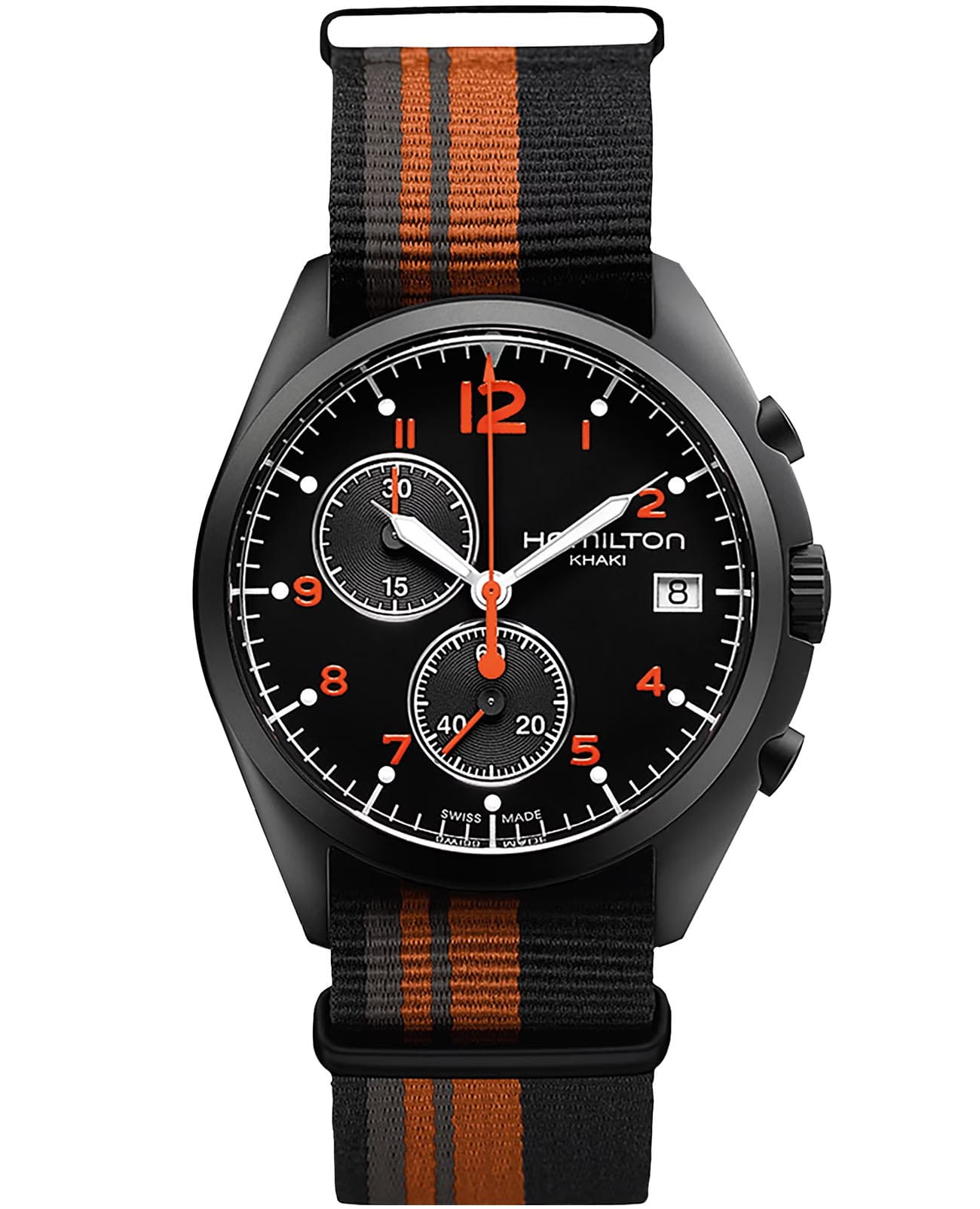 Hamilton Hamilton Khaki Aviation Pilot Pioneer Chrono Quartz H76582933  H76582933 кварцевые мужские часы черный циферблат, браслет тканевый — вид спереди