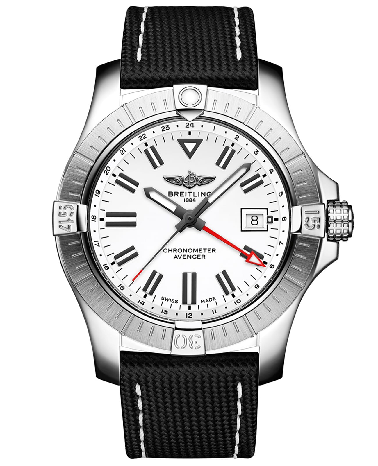 Breitling Breitling Avenger Automatic GMT 43 A32397101A1X1  A32397101A1X1 механические мужские часы белый циферблат, браслет кожа + текстиль — вид спереди