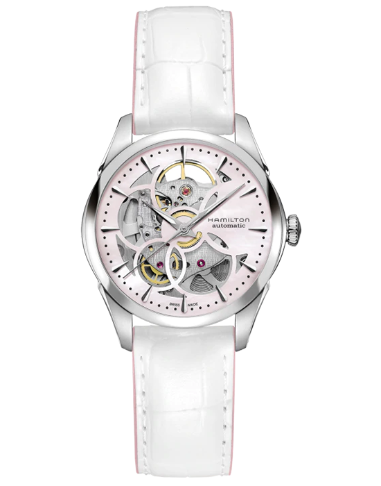 Hamilton Hamilton Jazzmaster Skeleton Lady Auto H32405871  H32405871 механические женские часы перламутровый циферблат, браслет каучук — вид спереди