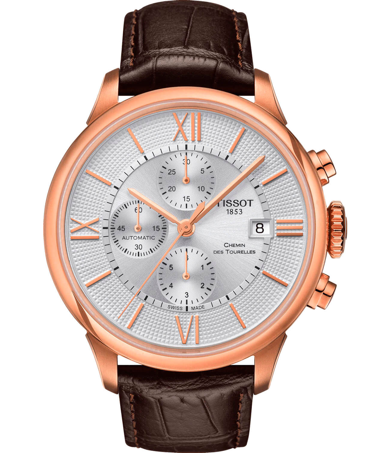 Tissot Tissot Chemin des Tourelles Chronograph T099.427.36.038.00 Chemin des Tourelles T0994273603800 механические мужские часы белый циферблат, браслет кожаный — вид спереди