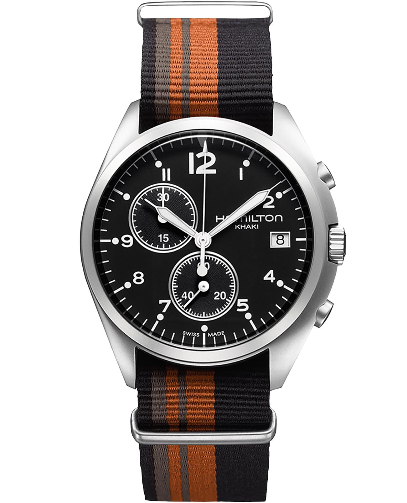 Hamilton Hamilton Khaki Aviation Pilot Pioneer Chrono Quartz H76552933  H76552933 кварцевые мужские часы черный циферблат, браслет тканевый — вид спереди