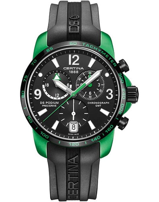 Certina Certina DS Podium Chronograph GMT Aluminium  C001.639.97.057.03  C0016399705703 кварцевые мужские часы черный циферблат, браслет каучук — вид спереди