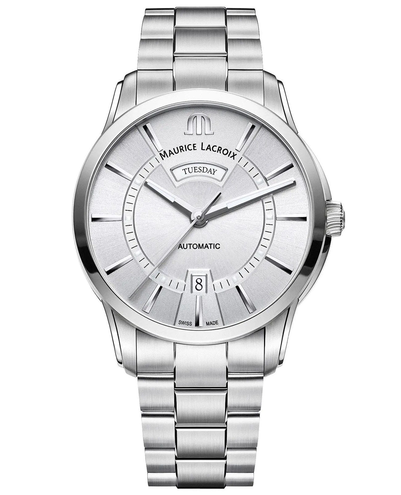 Maurice Lacroix Maurice Lacroix Pontos Day Date PT6358-SS002-130-1  PT6358-SS002-130-1 механические мужские часы серебристый циферблат, браслет нержавеющая сталь — вид спереди