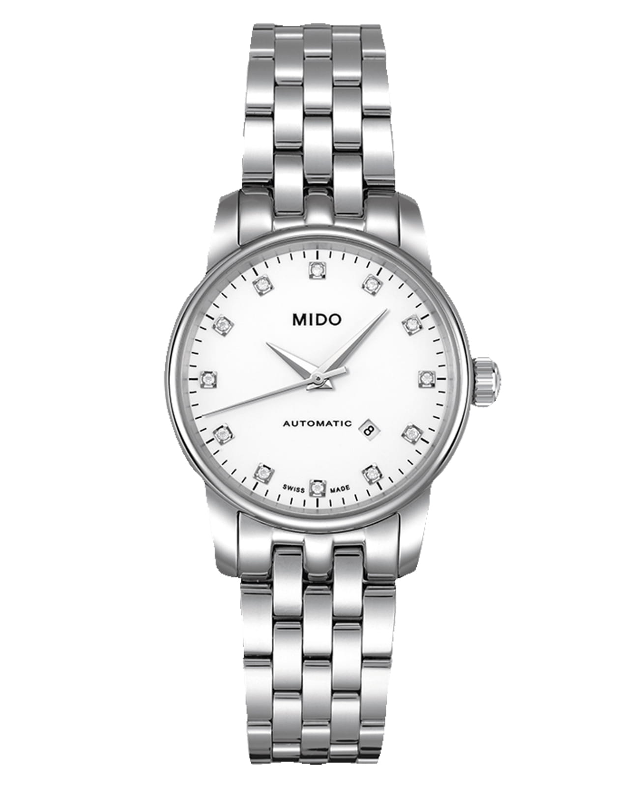Mido Mido Baroncelli M7600.4.66.1  M76004661 механические женские часы белый циферблат, браслет нержавеющая сталь — вид спереди