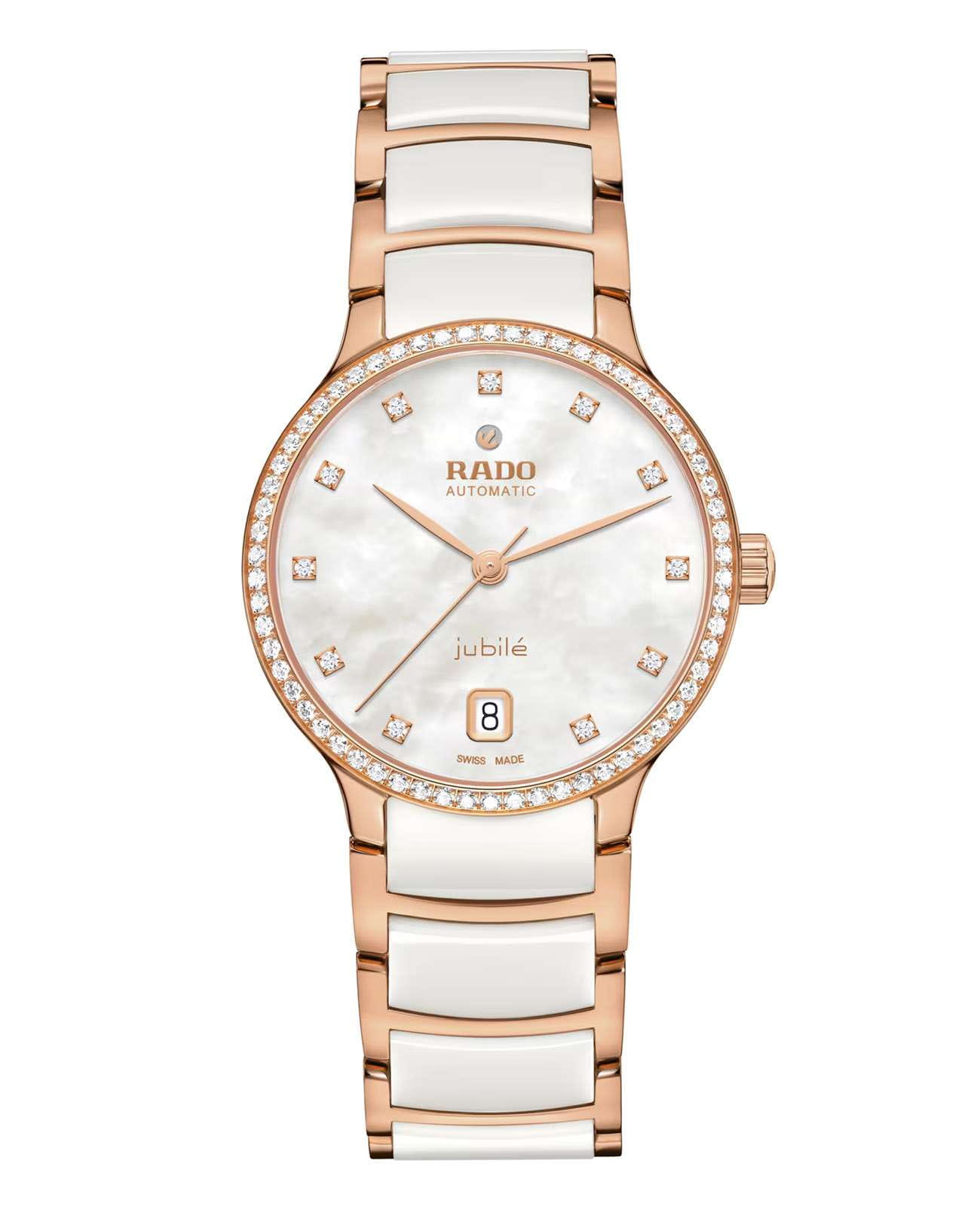 Rado Rado Centrix Diamonds R30230902  R30230902 кварцевые женские часы бежевый циферблат, браслет сталь + pvd + керамика — вид спереди