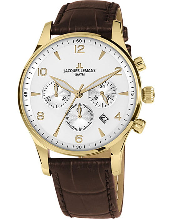 Jacques Lemans Jacques Lemans 1-1654ZD  1-1654ZD кварцевые мужские часы белый циферблат, браслет кожаный — вид спереди