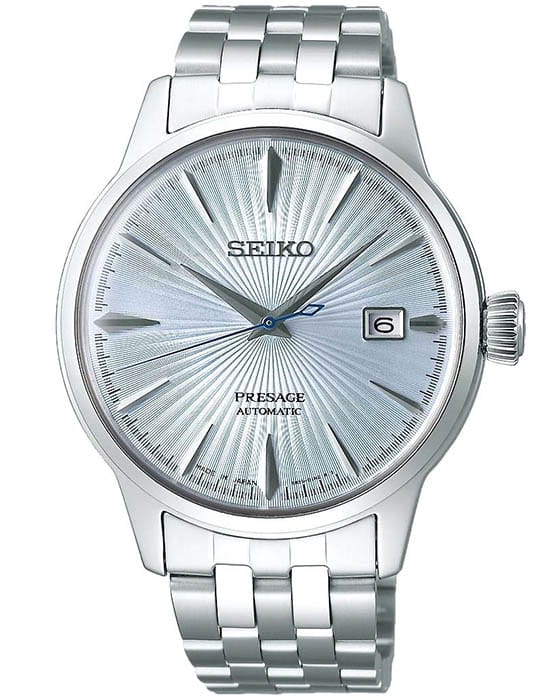Seiko Seiko Presage SRPE19J1  SRPE19J1 механические мужские часы голубой циферблат, браслет нержавеющая сталь — вид спереди