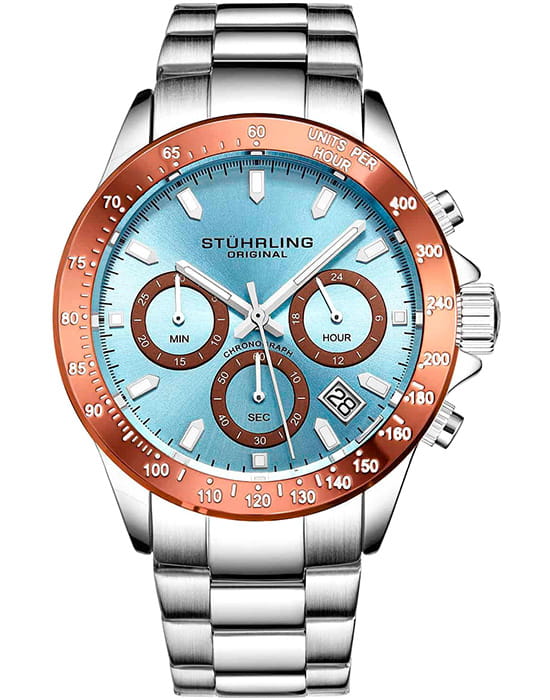 Stuhrling Stuhrling Monaco 3960.7  3960.7 кварцевые мужские часы бирюзовый циферблат, браслет нержавеющая сталь — вид спереди