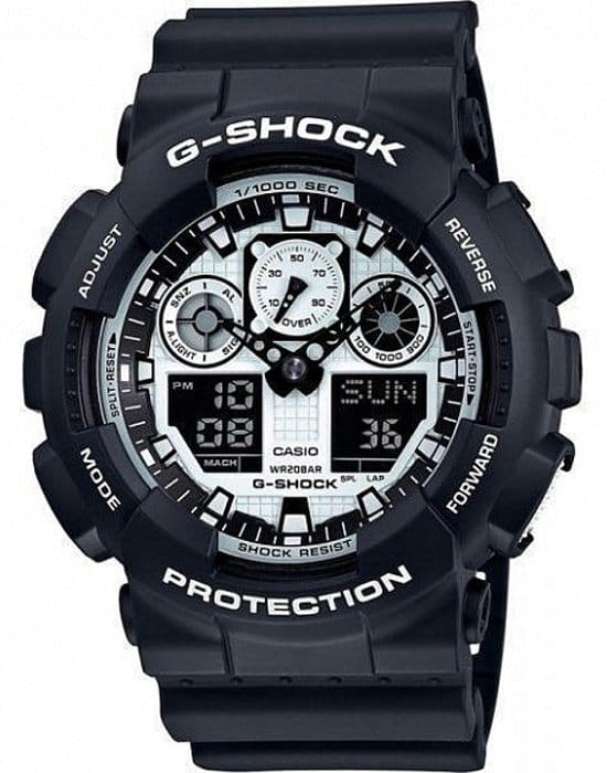 Casio Casio G-Shock GA-100BW-1A GA-100 GA-100BW-1A электронные мужские часы белый циферблат, браслет пластик — вид спереди