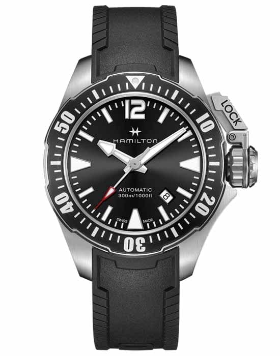 Hamilton Hamilton Khaki Navy Frogman H77605335  H77605335 механические мужские часы черный циферблат, браслет каучук — вид спереди