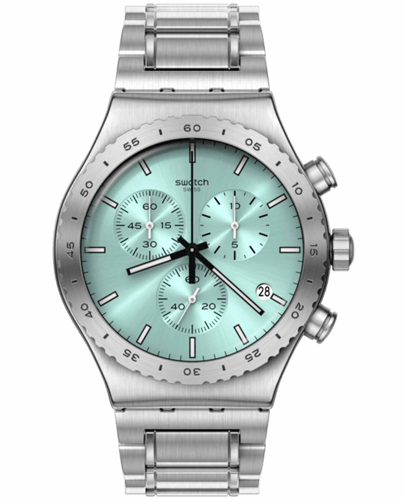 Swatch Swatch I New Chrono YVS498G  YVS498G кварцевые мужские часы бирюзовый циферблат, браслет нержавеющая сталь — вид спереди