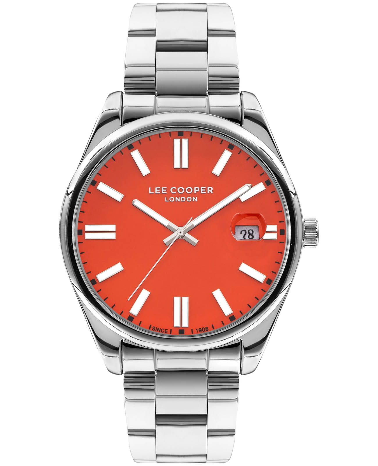 Lee Cooper Lee Cooper LC07565.380  LC07565.380 кварцевые мужские часы оранжевый циферблат, браслет нержавеющая сталь — вид спереди