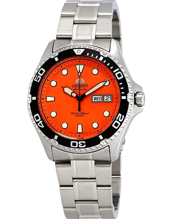 Orient Orient Diving Sports Automatic AA02006M  AA02006M механические мужские часы оранжевый циферблат, браслет нержавеющая сталь — вид спереди