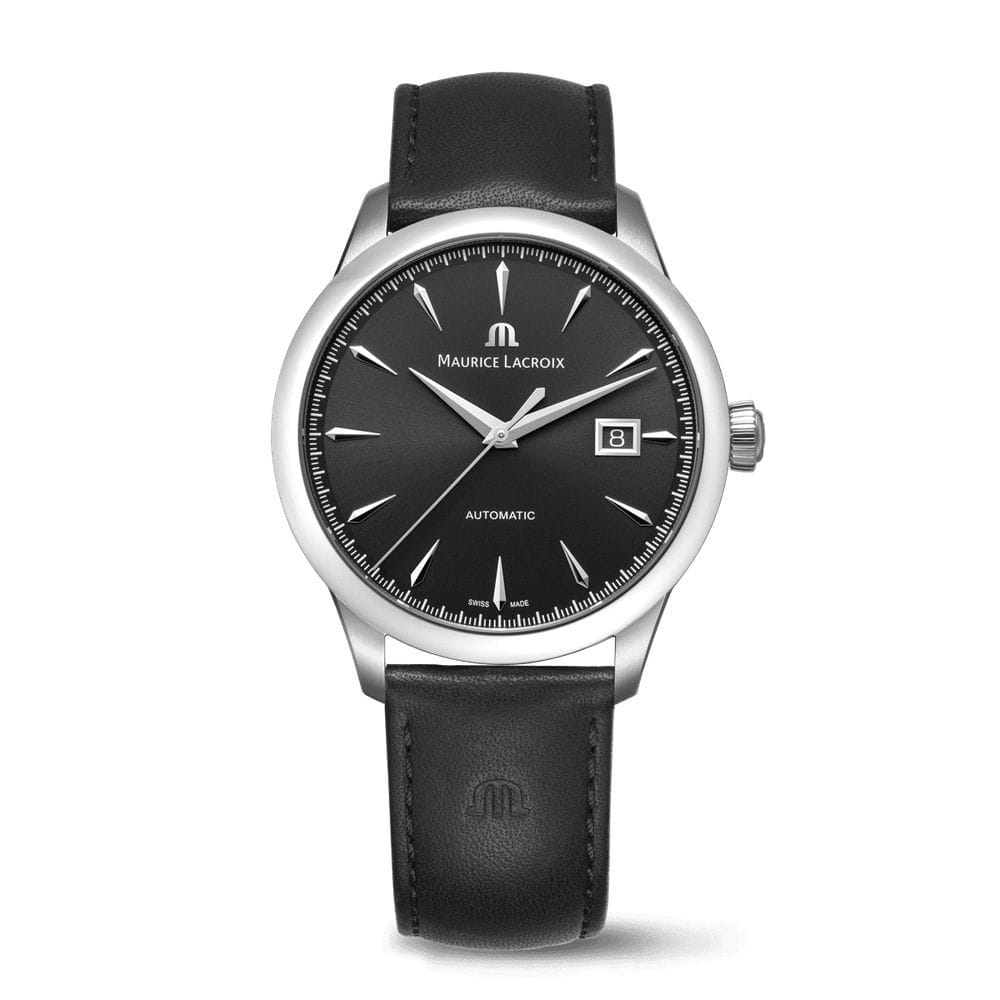 Maurice Lacroix Maurice Lacroix 1975 756008-SS001-330-2  756008-SS001-330-2 механические мужские часы черный циферблат, браслет кожаный — вид спереди