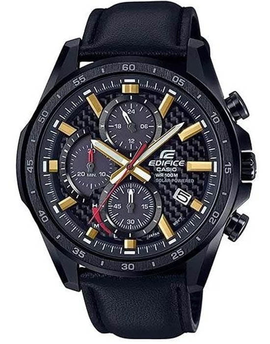 Casio Casio Edifice EQS-900CL-1A EQS EQS-900CL-1A кварцевые мужские часы черный циферблат, браслет кожаный — вид спереди