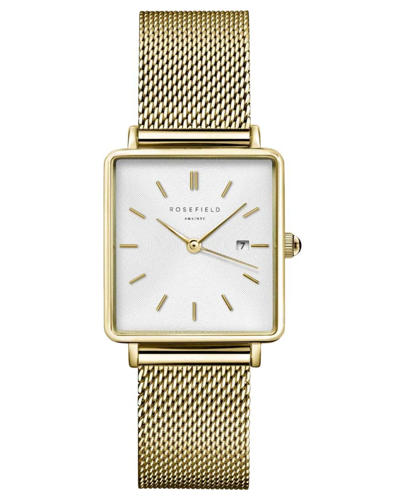 Rosefield Rosefield The Boxy QWSG-Q03  QWSG-Q03 кварцевые женские часы белый циферблат, браслет сталь c pvd покрытием — вид спереди