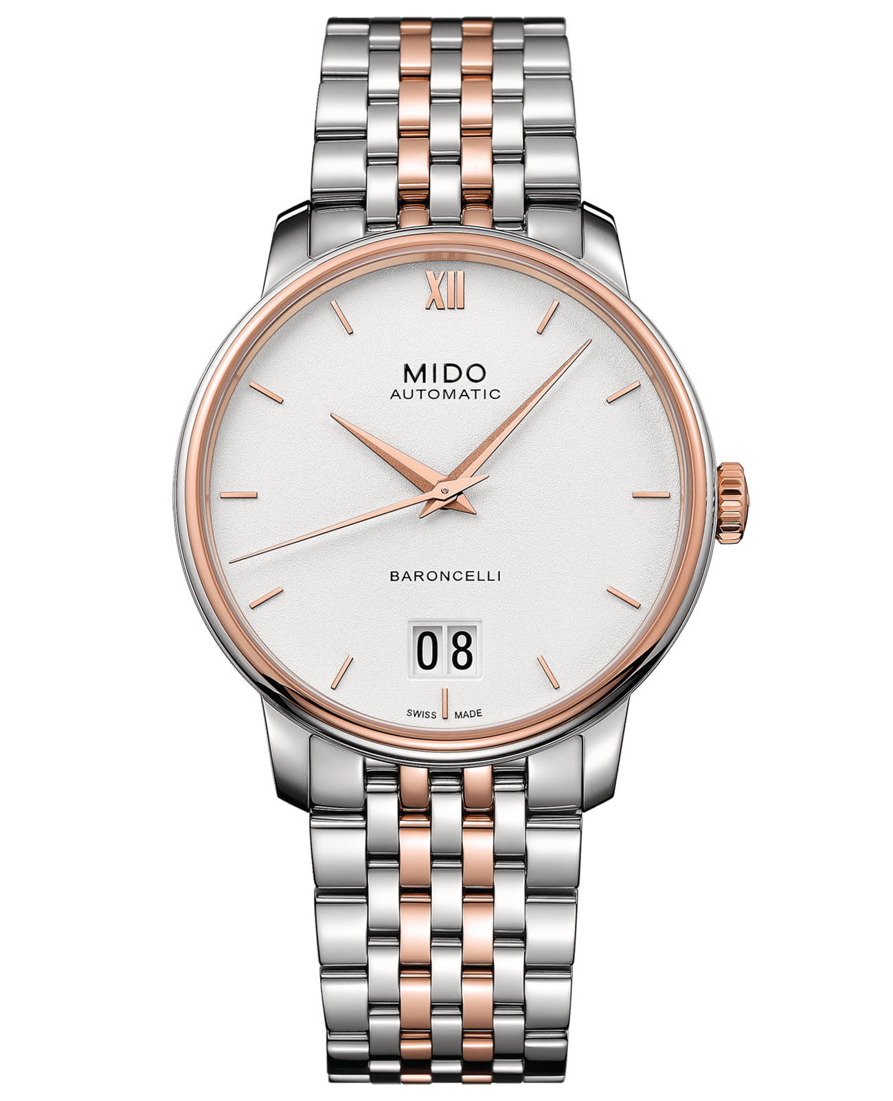 Mido Mido Baroncelli Big Date M027.426.22.018.00  M0274262201800 механические мужские часы белый циферблат, браслет сталь c pvd покрытием — вид спереди