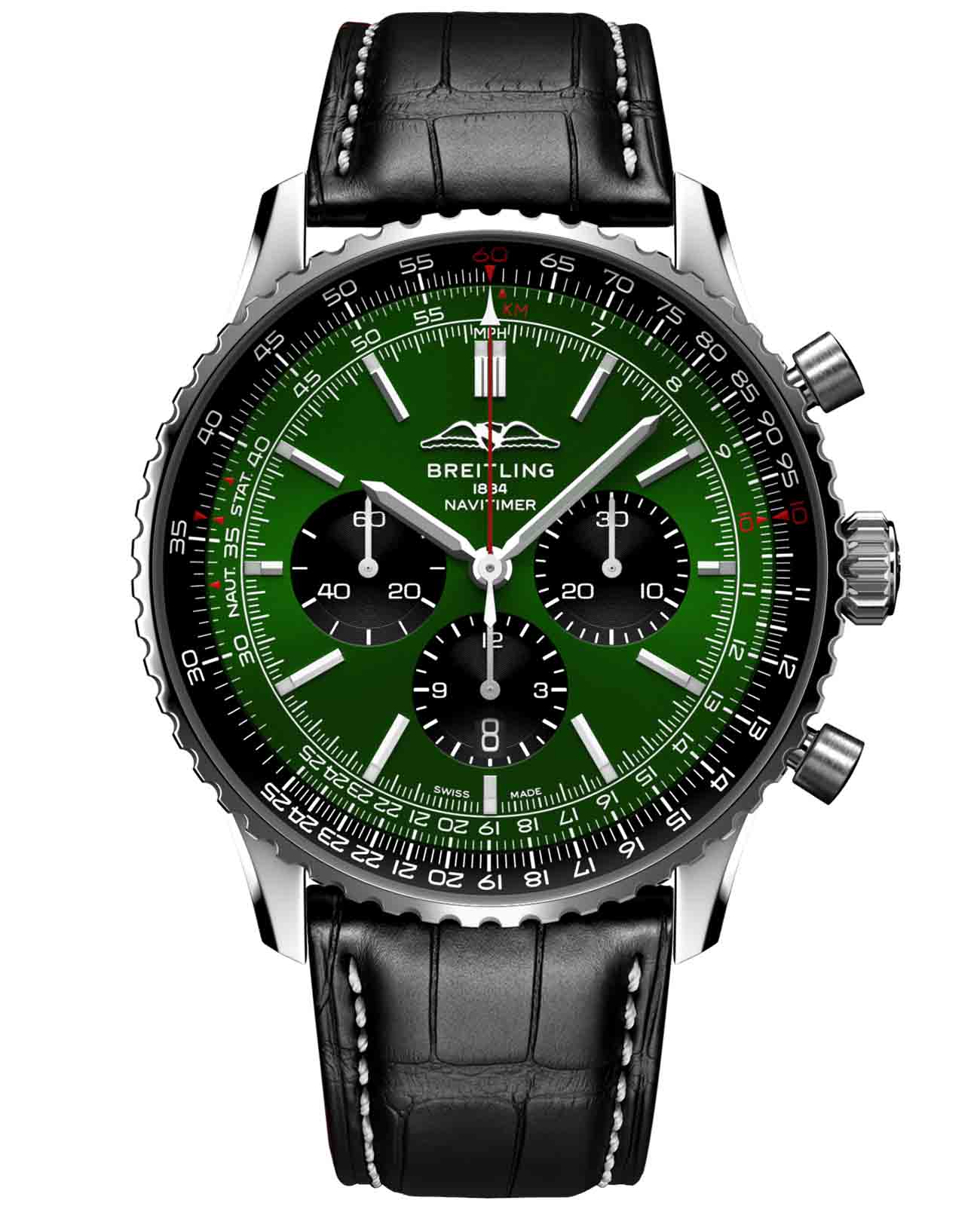 Breitling Breitling Navitimer B01 Chronograph 46 AB0137241L1P1  AB0137241L1P1 механические мужские часы зеленый циферблат, браслет кожаный — вид спереди