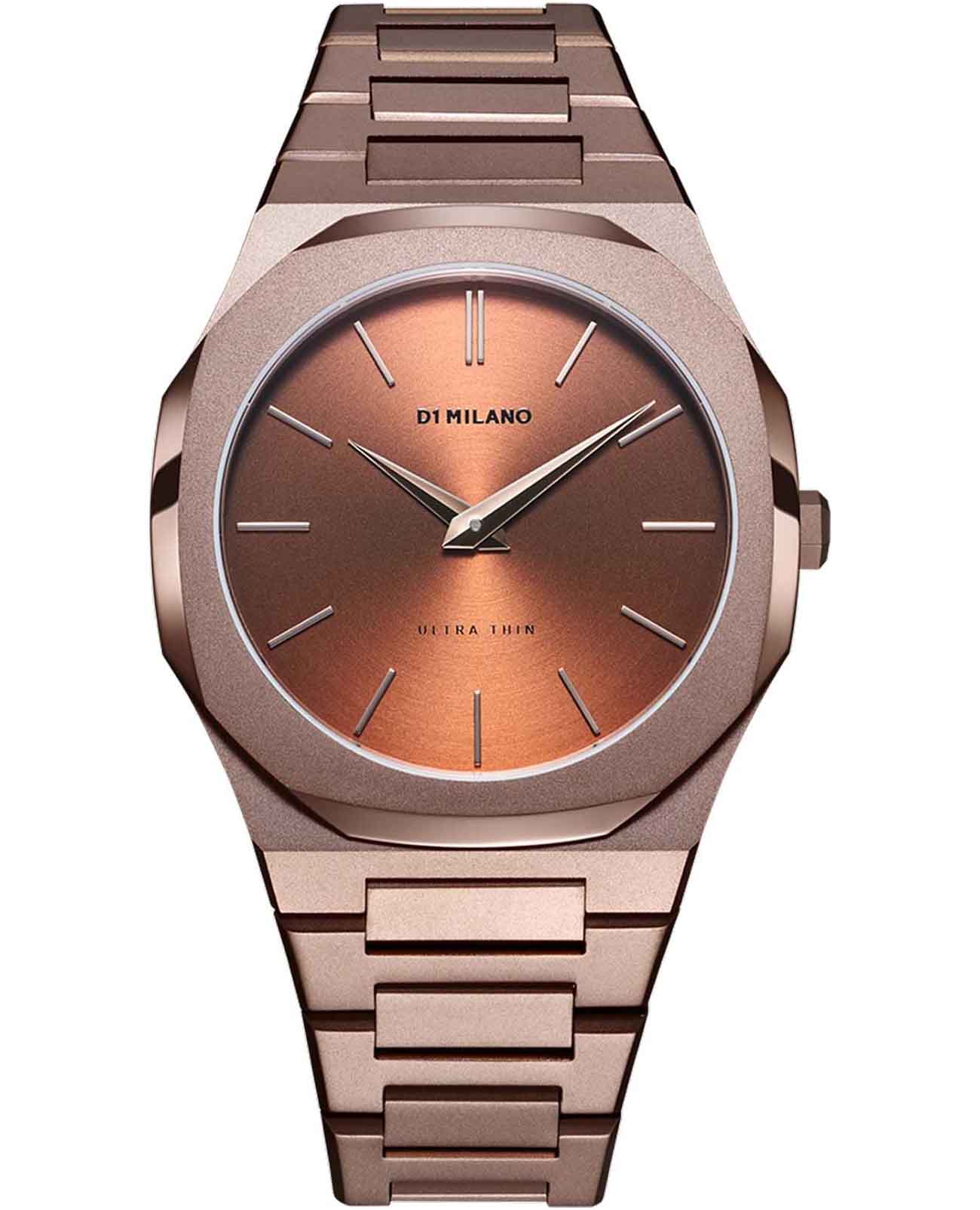 D1 Milano D1 Milano Ultra Thin UTBJ10  UTBJ10 кварцевые мужские часы коричневый циферблат, браслет нержавеющая сталь с pvd-покрытием — вид спереди