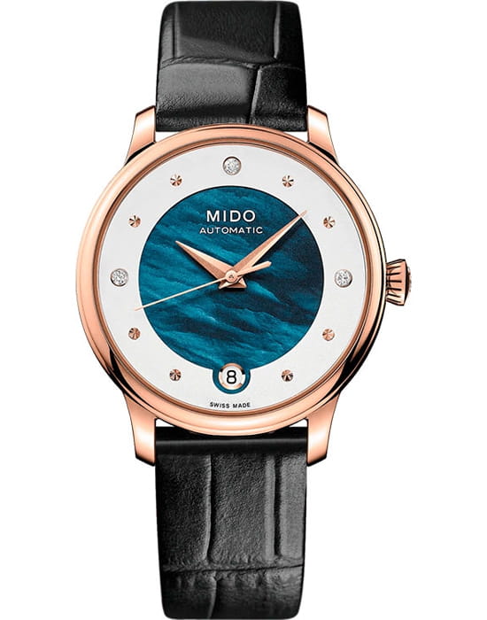 Mido Mido Baroncelli Lady Day M039.207.36.106.01  M0392073610601 механические женские часы синий циферблат, браслет кожаный — вид спереди