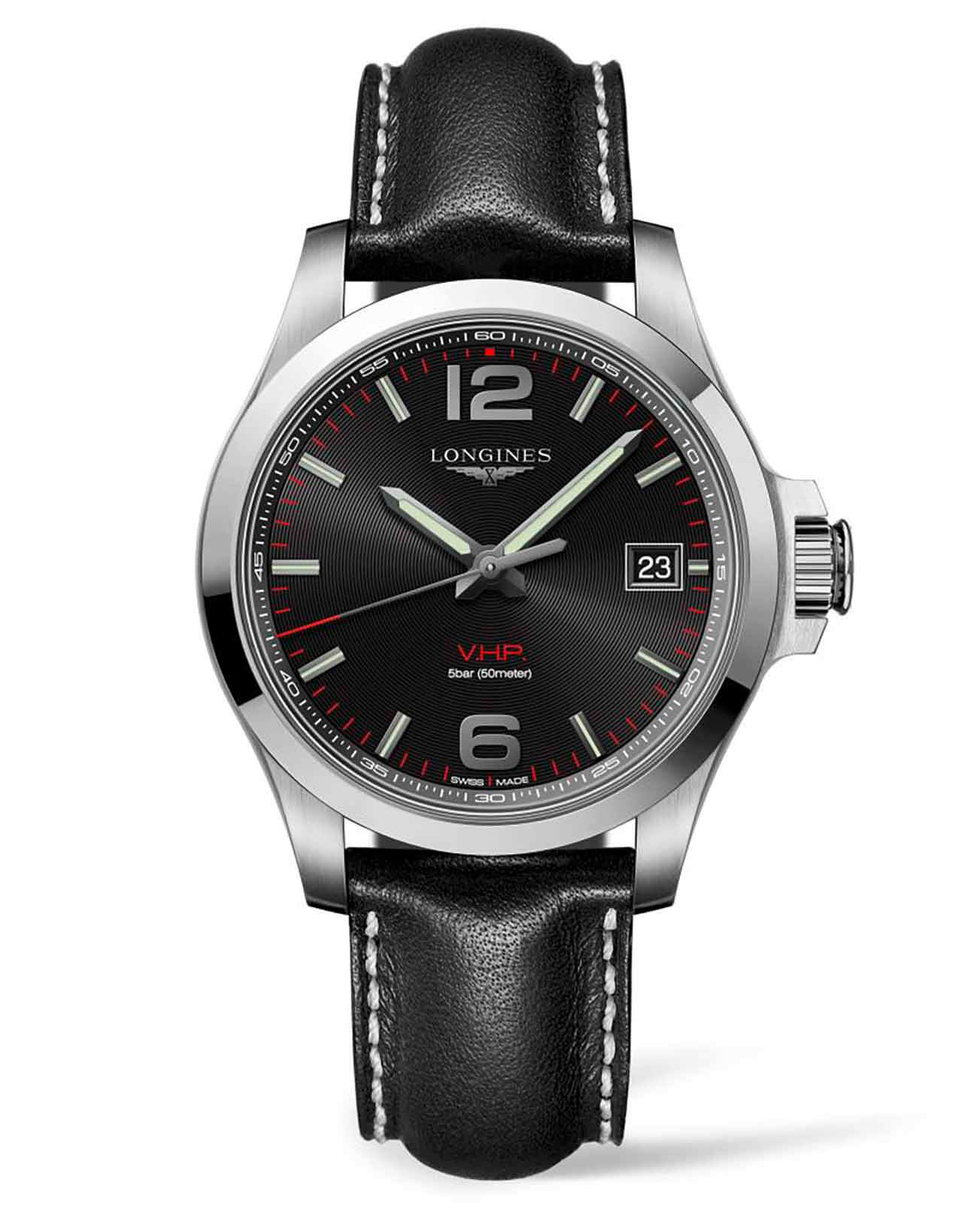 Longines Longines Conquest V.H.P.  L3.716.4.56.2  L37164562 кварцевые мужские часы черный циферблат, браслет кожаный — вид спереди