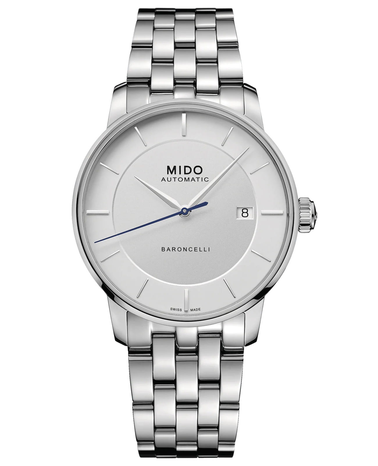 Mido Mido Baroncelli Signature Gent M037.407.11.031.00  M0374071103100 механические мужские часы серебристый циферблат, браслет нержавеющая сталь — вид спереди