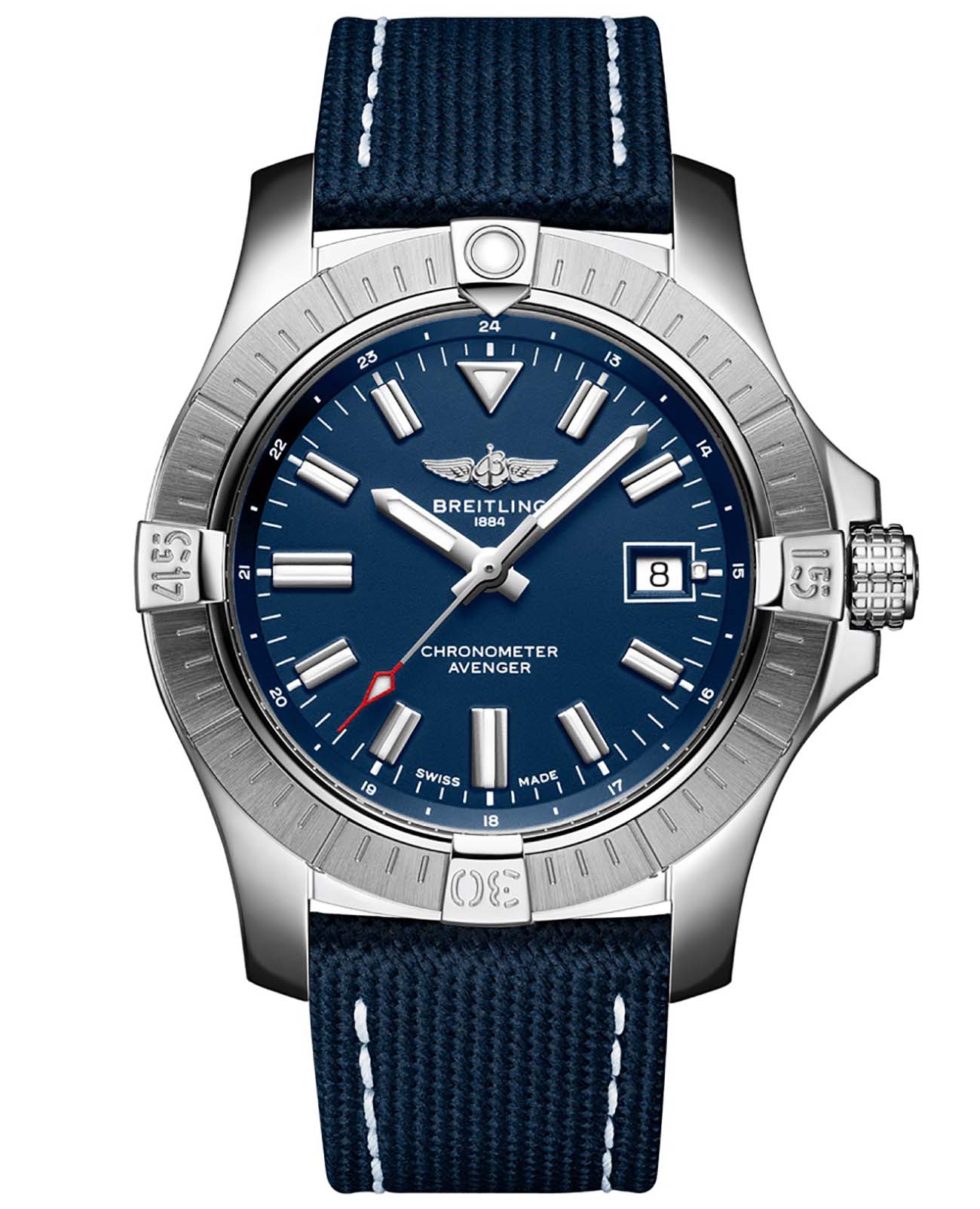 Breitling Breitling Avenger Automatic 43 A17318101C1X1  A17318101C1X1 механические мужские часы синий циферблат, браслет кожа + текстиль — вид спереди