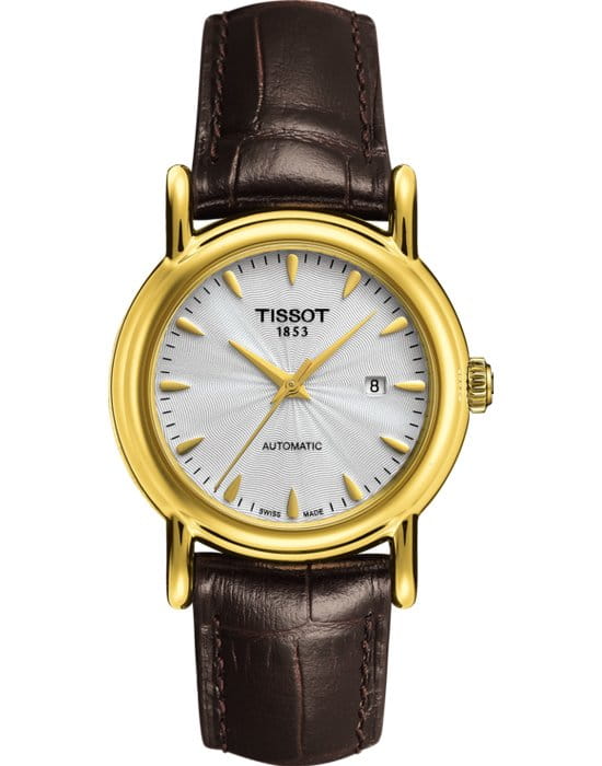 Tissot Tissot Carson Automatic Lady 18K Gold T907.007.16.031.00 Carson T9070071603100 механические женские часы белый циферблат, браслет кожаный — вид спереди