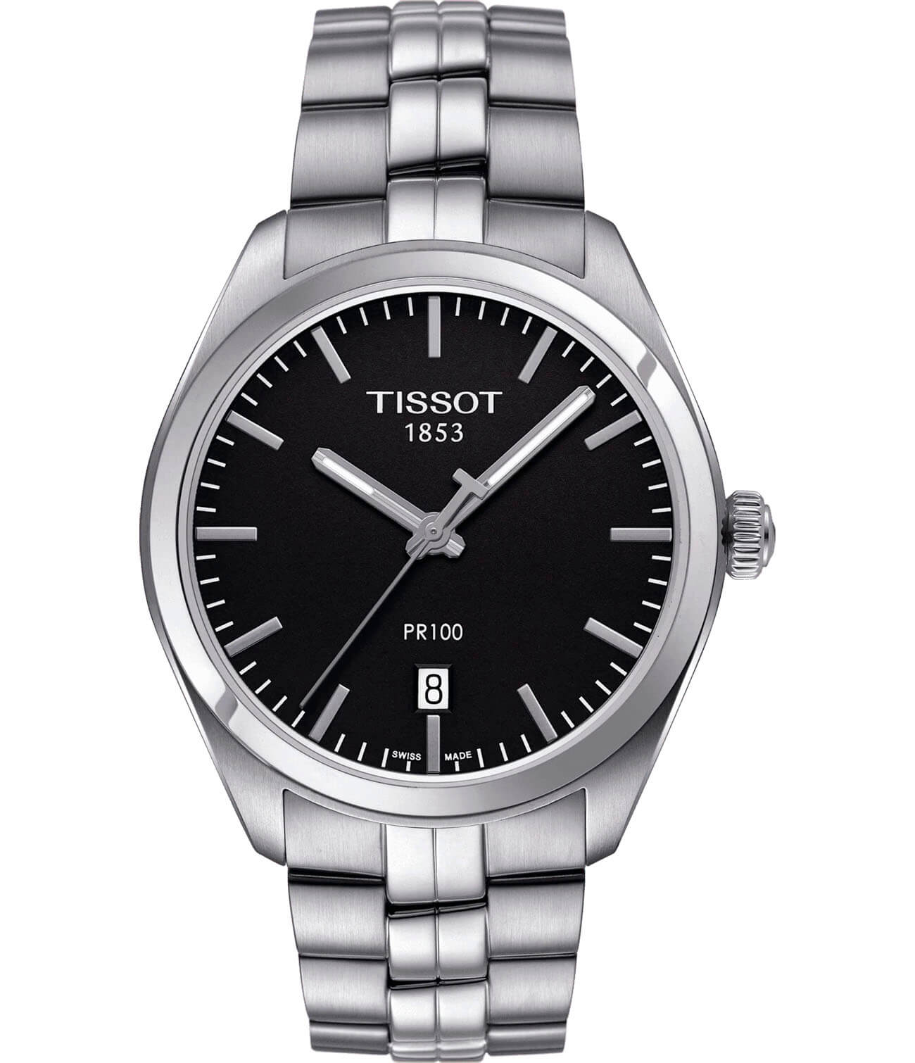 Tissot Tissot PR 100 T101.410.11.051.00 PR 100 T1014101105100 кварцевые мужские часы черный циферблат, браслет нержавеющая сталь — вид спереди