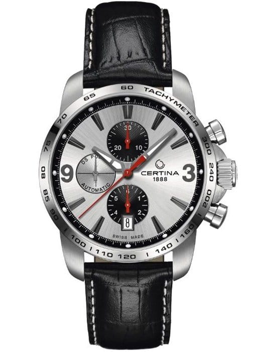 Certina Certina DS Podium Chronograph Automatic C001.427.16.037.01  C0014271603701 механические мужские часы серебристый циферблат, браслет кожаный — вид спереди