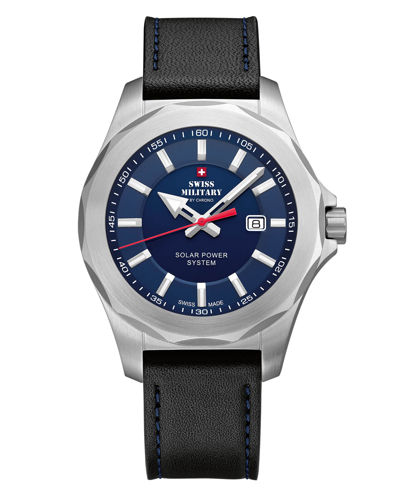 Swiss Military by Chrono Swiss Military by Chrono Solar Power SMS34073.05  SMS34073.05 кварцевые мужские часы синий циферблат, браслет кожаный — вид спереди