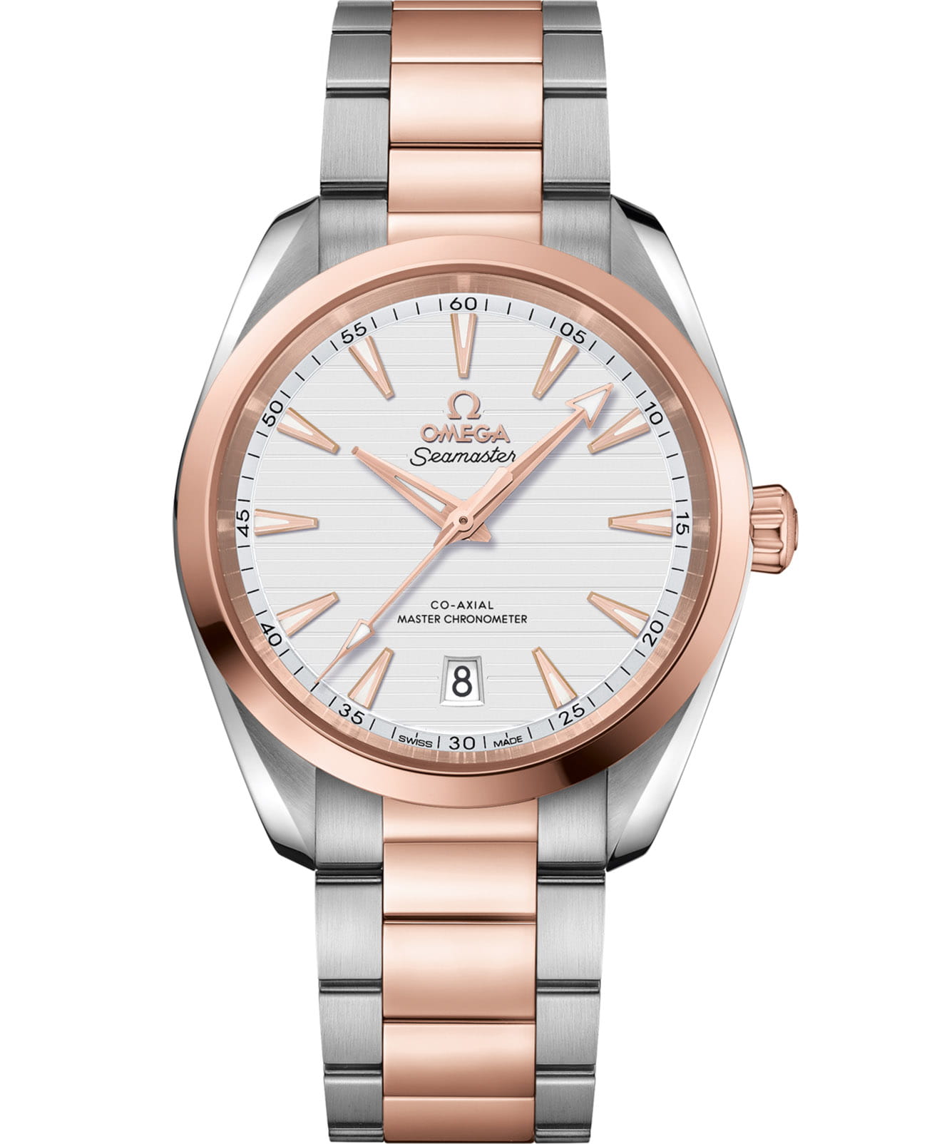 Omega Omega Seamaster Aqua Terra 220.20.38.20.02.001 Aqua Terra 22020382002001 механические мужские часы белый циферблат, браслет нержавеющая сталь + золото 18к — вид спереди