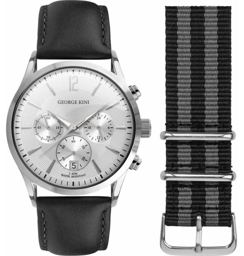 George Kini George Kini GK.12.1.1S.16  GK.12.1.1S.16 кварцевые мужские часы серебристый циферблат, браслет кожа + текстиль — вид спереди
