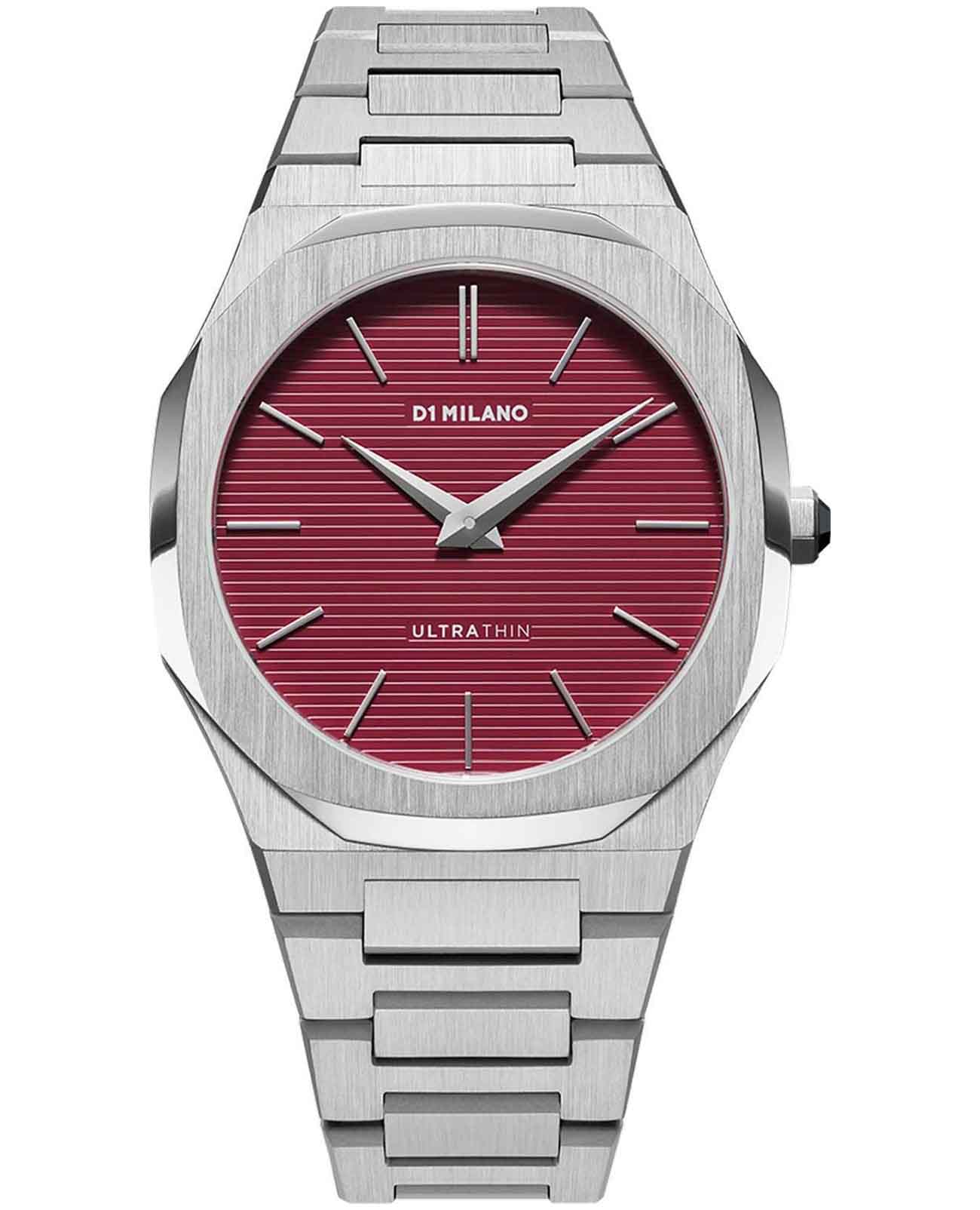 D1 Milano D1 Milano Ultra Thin UTBJ11  UTBJ11 кварцевые мужские часы красный циферблат, браслет нержавеющая сталь 316l — вид спереди