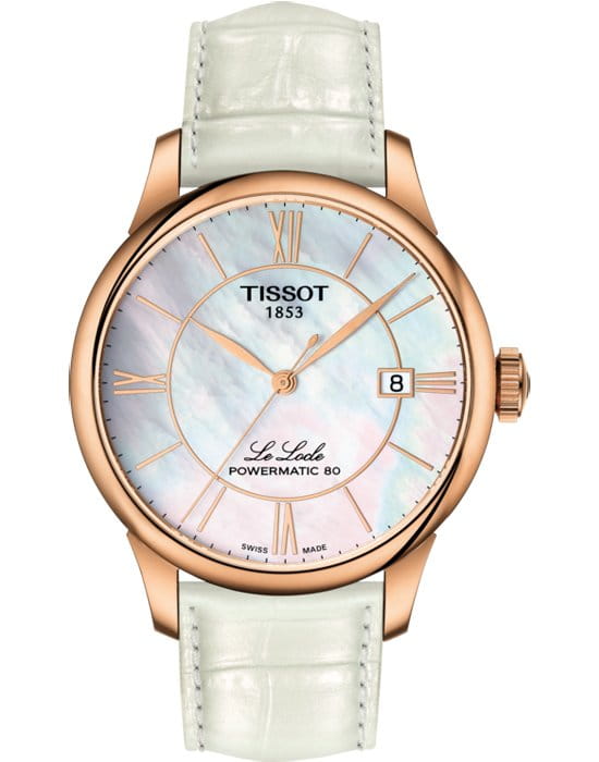 Tissot Tissot Le Locle Powermatic 80 Lady T006.407.36.118.00 Le Locle Automatic T0064073611800 механические женские часы перламутровый циферблат, браслет кожаный — вид спереди