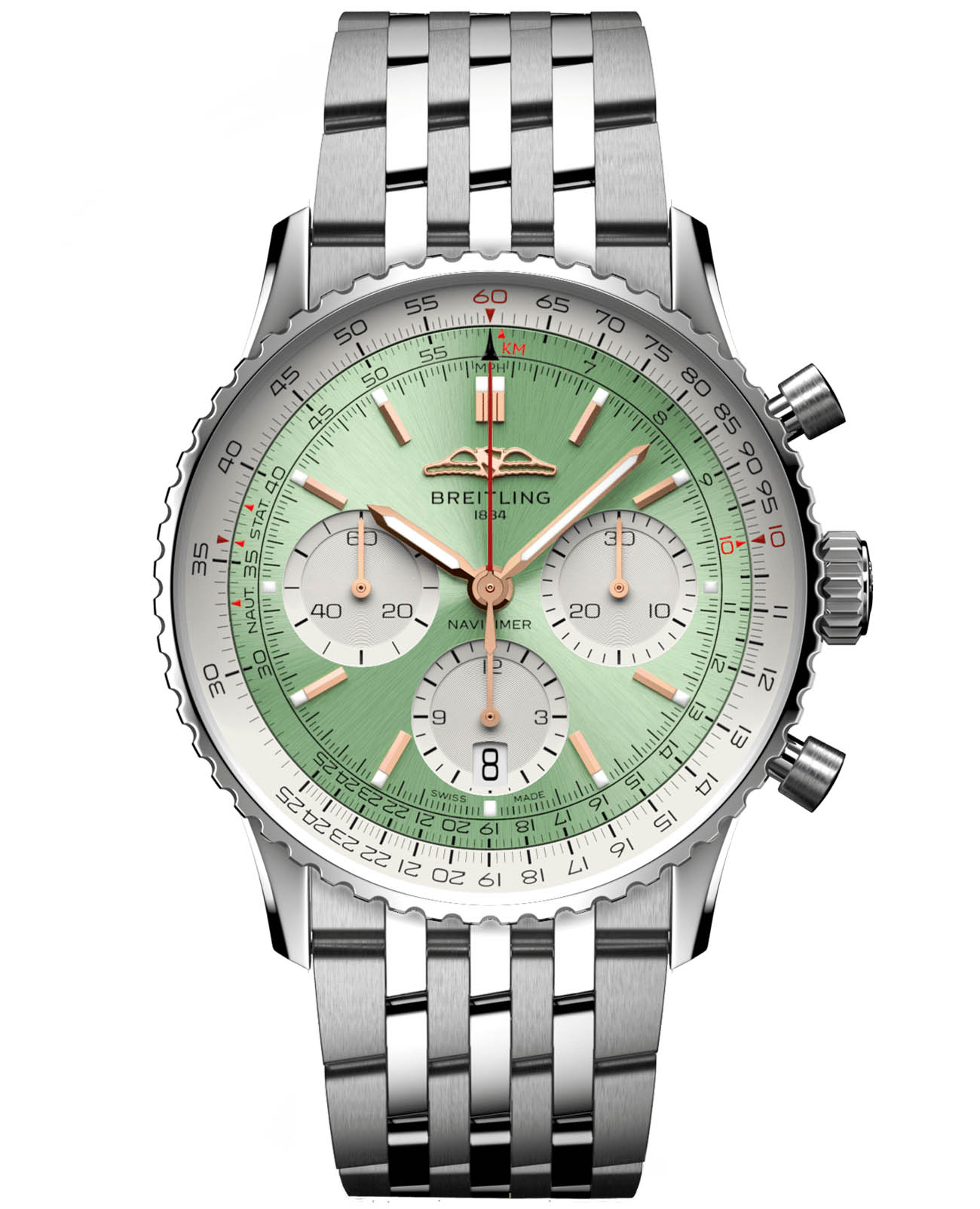 Breitling Breitling Navitimer B01 Chronograph 41 AB0139211L1A1  AB0139211L1A1 механические мужские часы зеленый циферблат, браслет нержавеющая сталь — вид спереди