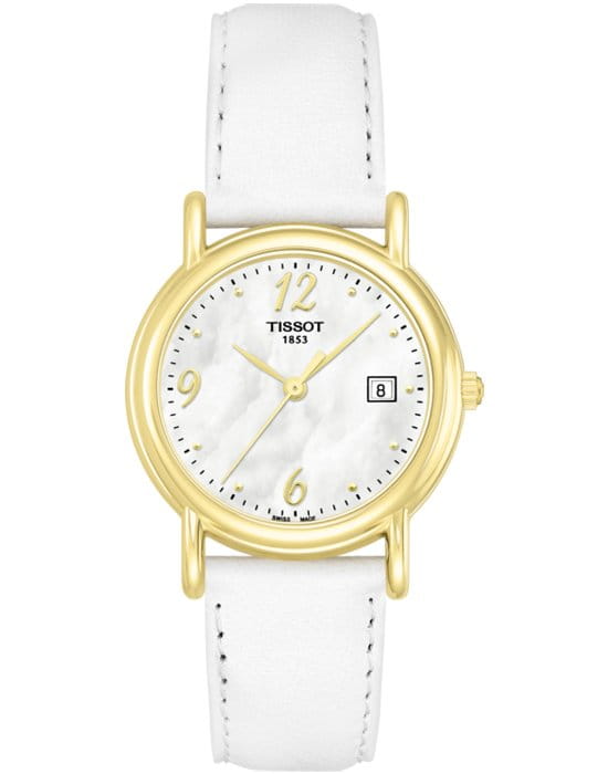 Tissot Tissot Carson Lady 18K Gold T71.3.129.74 Carson T71312974 кварцевые женские часы белый циферблат, браслет кожаный — вид спереди