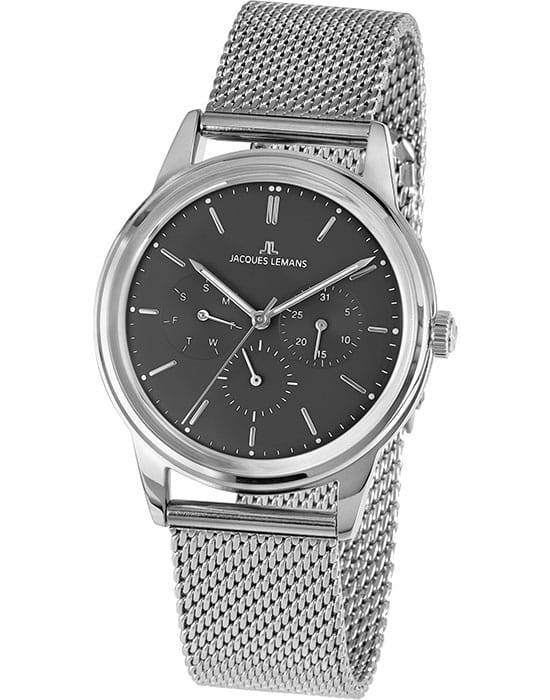 Jacques Lemans Jacques Lemans Retro Classic 1-2061F  1-2061F кварцевые мужские часы серый циферблат, браслет нержавеющая сталь — вид спереди