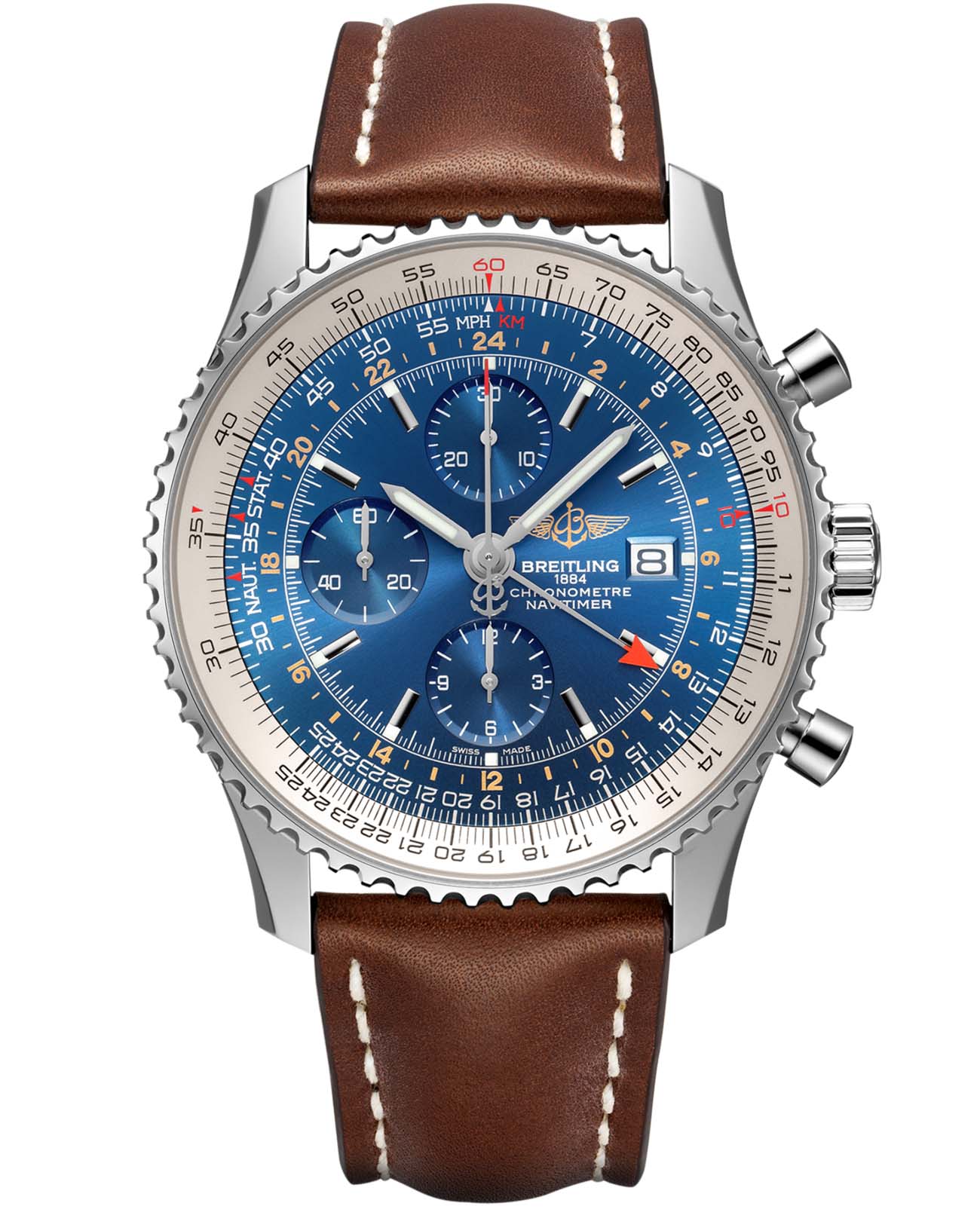 Breitling Breitling Navitimer Chronograph GMT 46 A24322121C1X2  A24322121C1X2 механические мужские часы синий циферблат, браслет кожаный — вид спереди