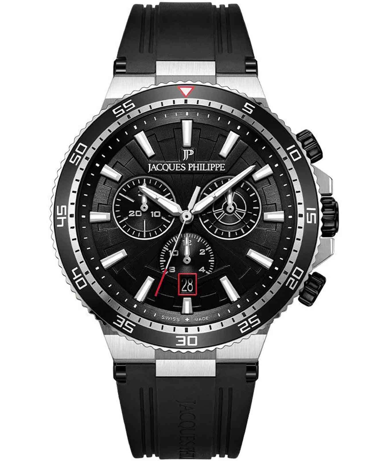 Jacques Philippe Jacques Philippe JPQGC447411SB  JPQGC447411SB кварцевые мужские часы черный циферблат, браслет силикон — вид спереди